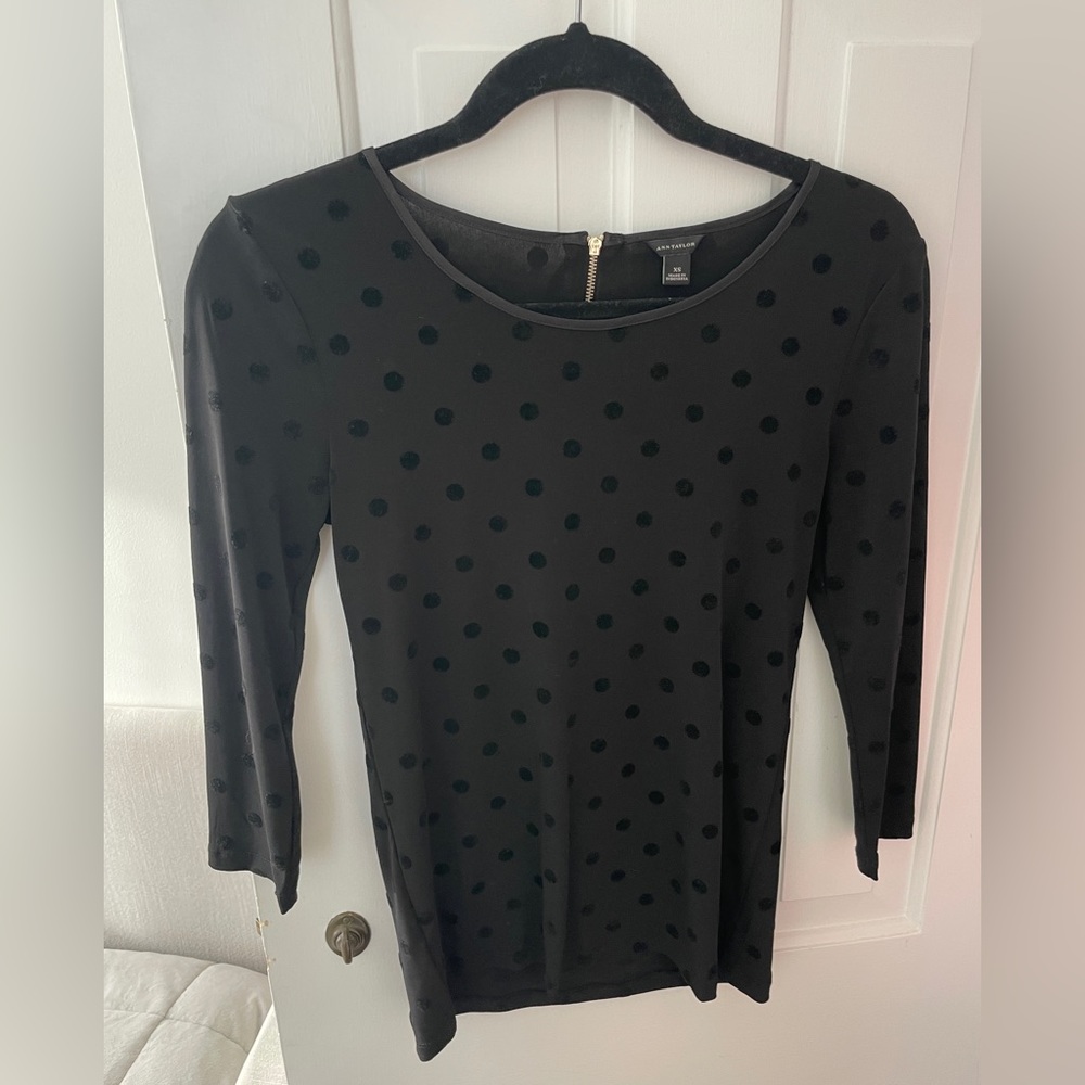 Ann Taylor Velvet Polka Dot 3/4 Sleeve Top | Color: Black | Size: XS